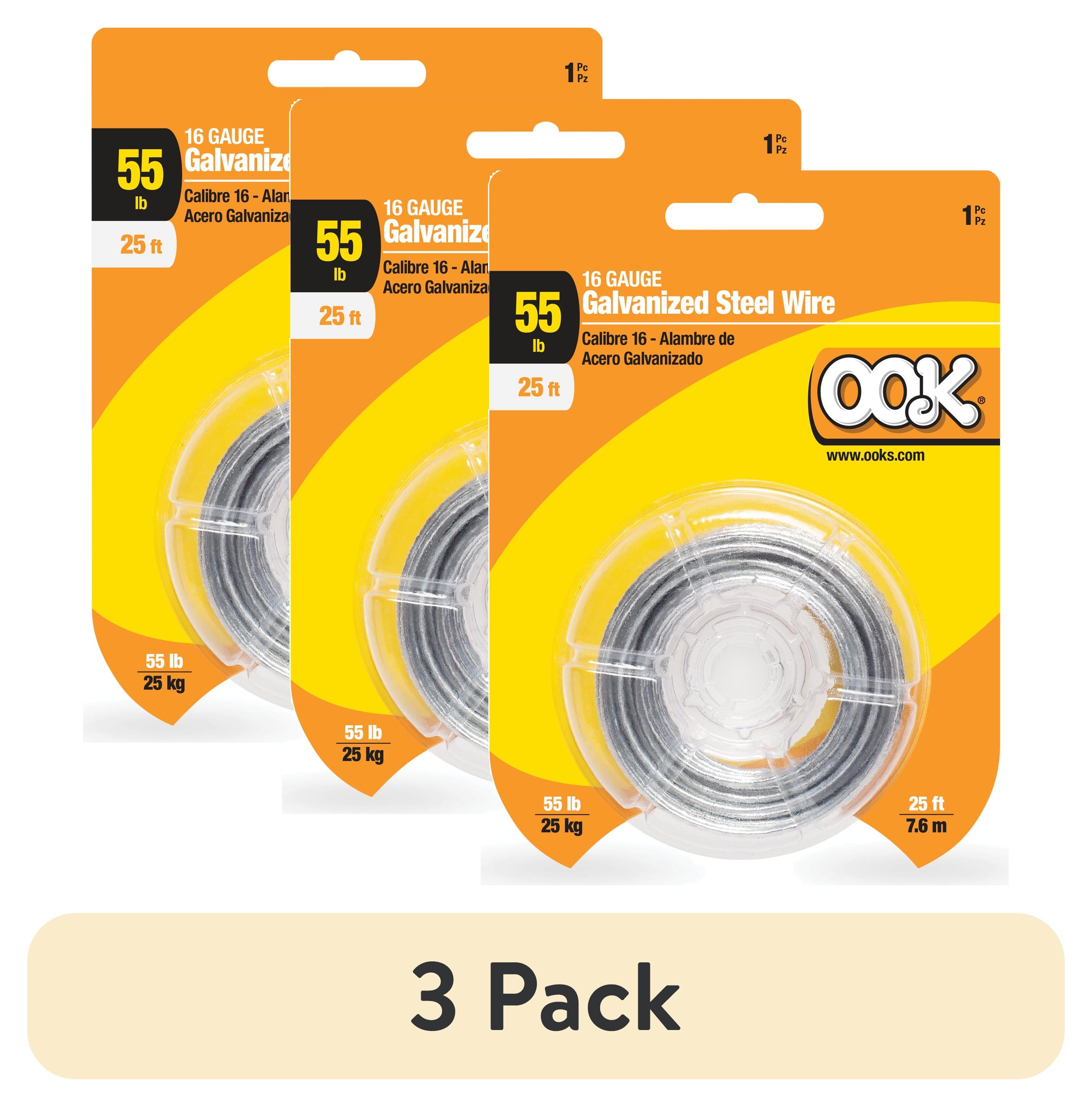 (3 pack) OOK Galvanized Steel Hanging Wire, Silver, 25FT, 55LB, 16 Gauge Wire, 1 Pack